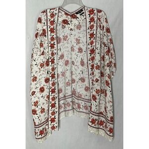 Miss Me Floral Kimono Cardigan Open Front‎ Wrap Orange White Large MMJ0010L